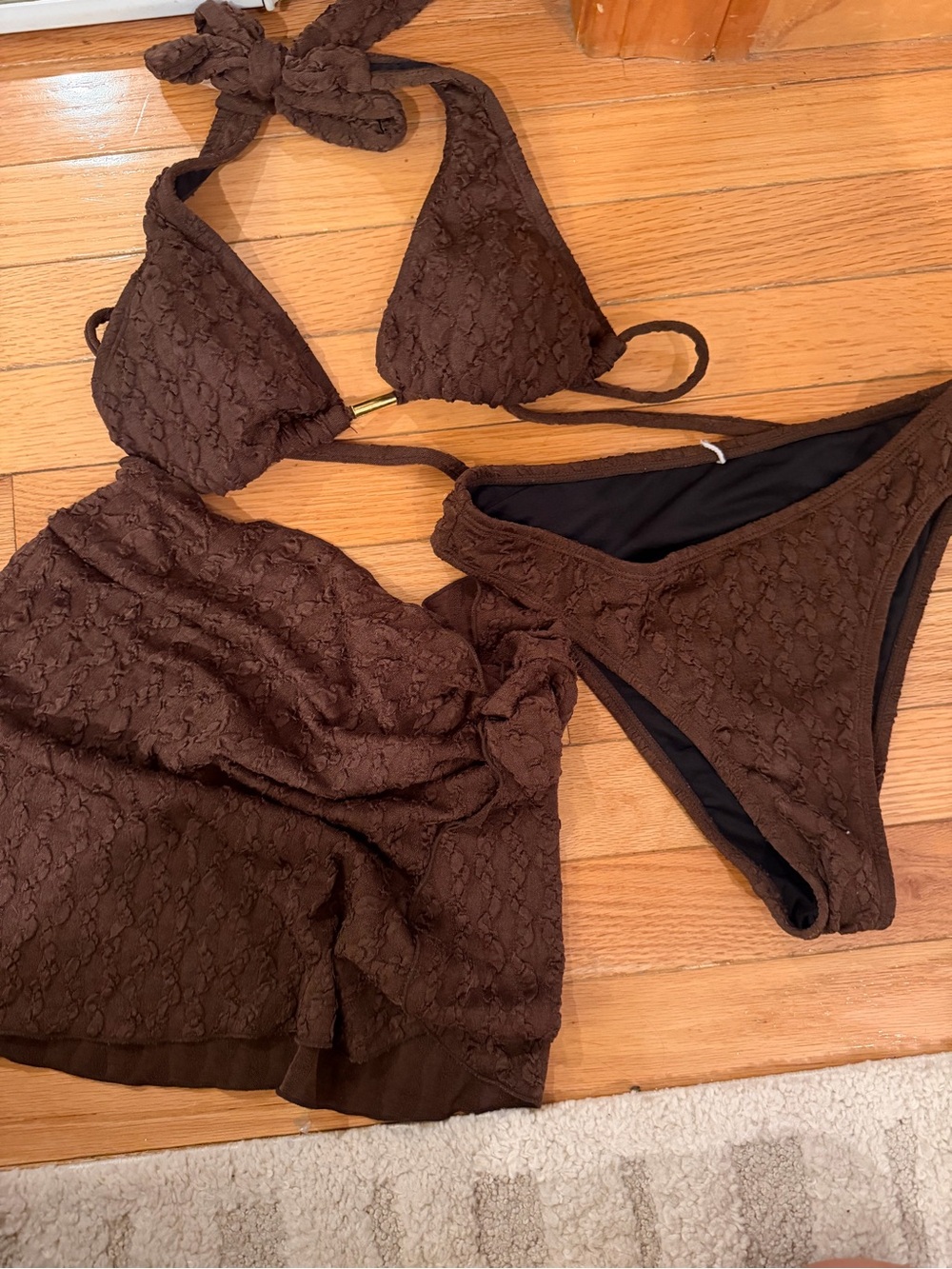 3 piece Brown Women's Textured Triangle Bikini Set